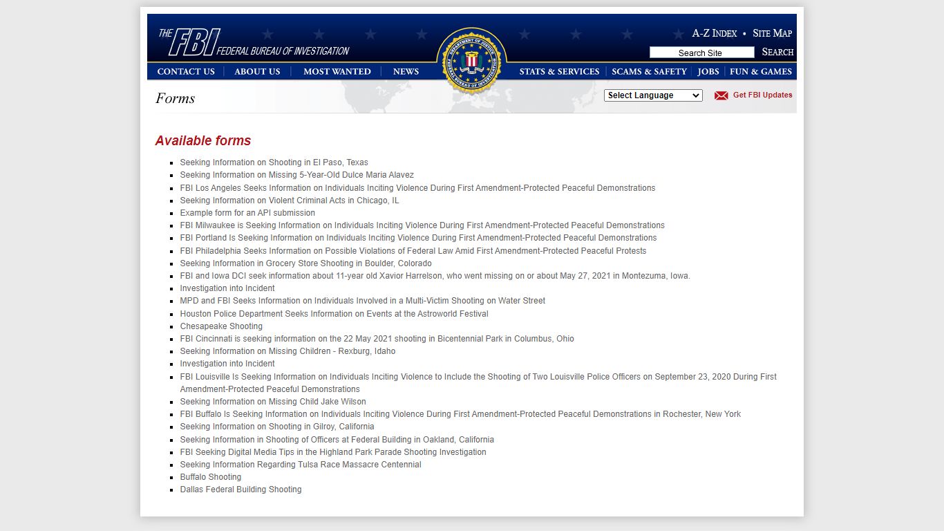 FBI — Form list - Federal Bureau of Investigation